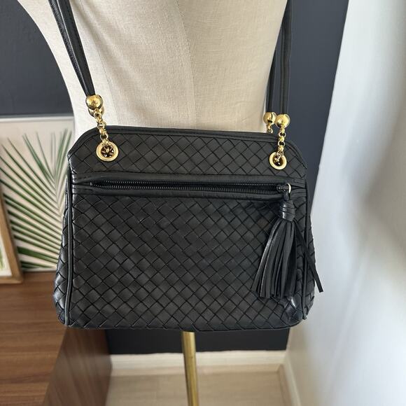 SISO ITALY VINTAGE LEATHER Woven Handbag Black Bottega Style Gold Accents - Picture 3 of 9